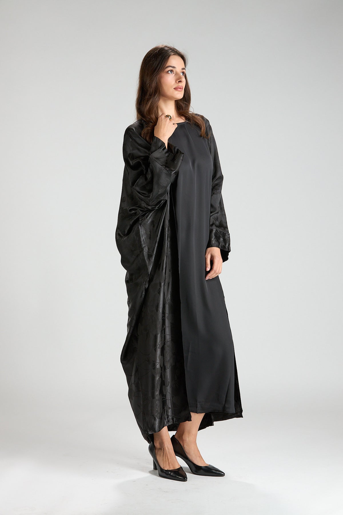Ayla Black Jacquard 3-Piece Open Abaya with Sheer Overlay