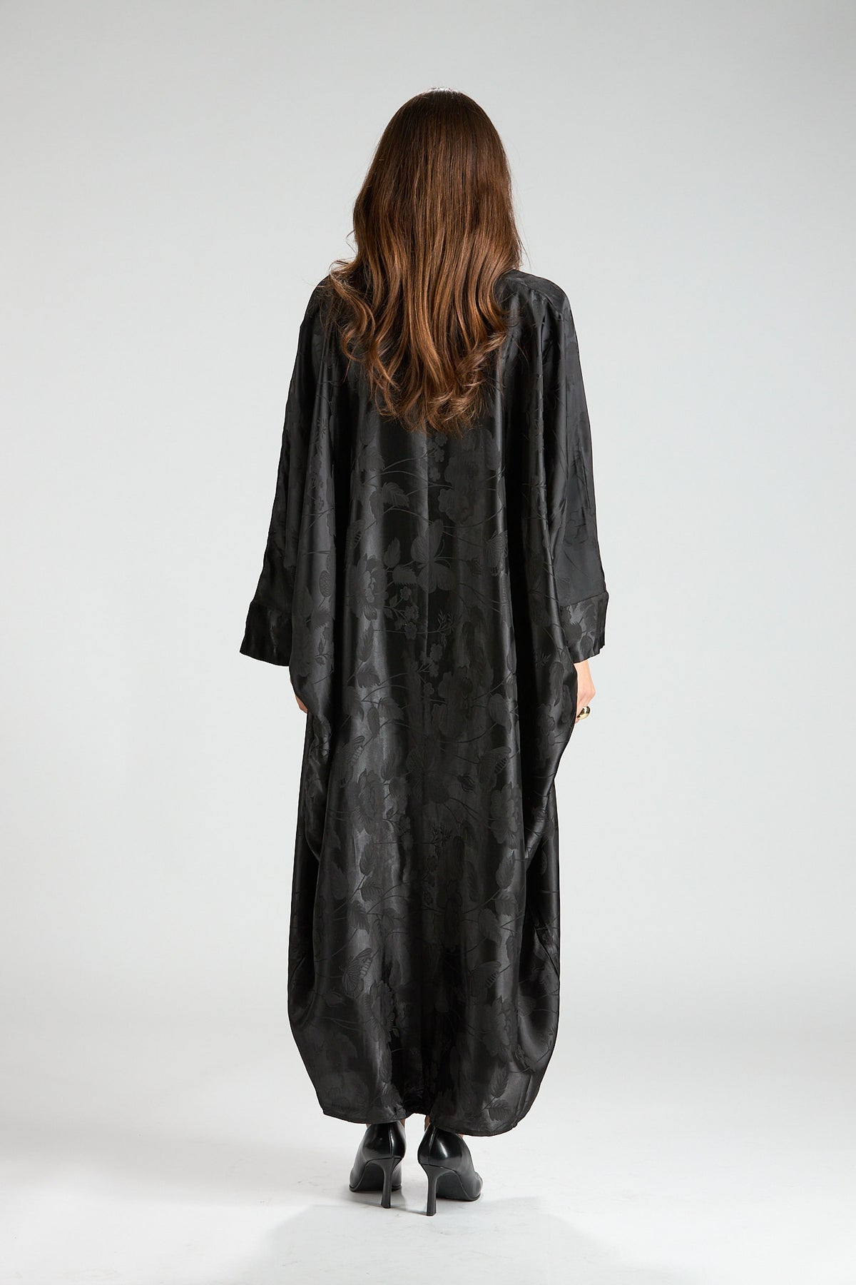 Ayla Black Jacquard 3-Piece Open Abaya with Sheer Overlay
