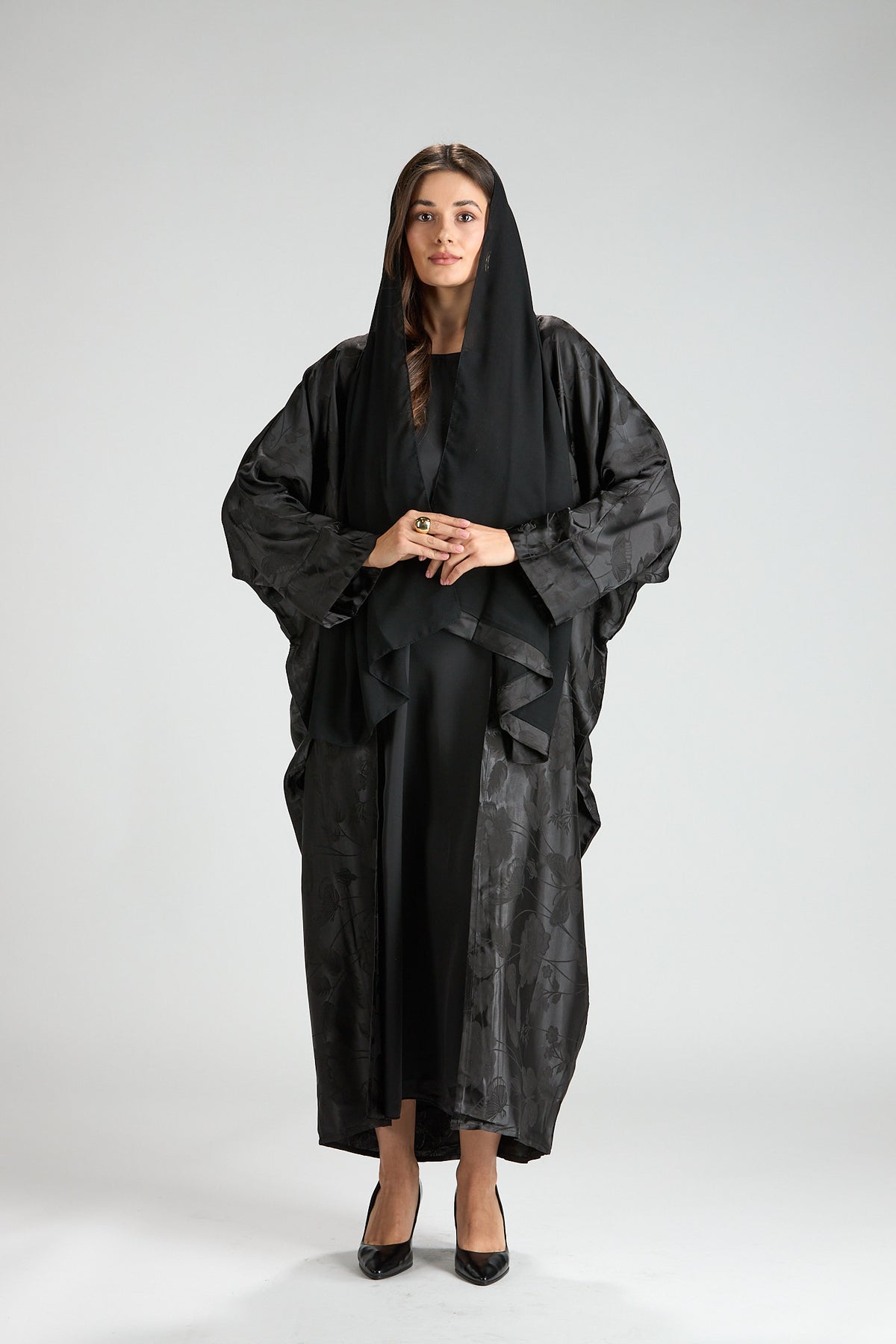 Ayla Black Jacquard 3-Piece Open Abaya with Sheer Overlay