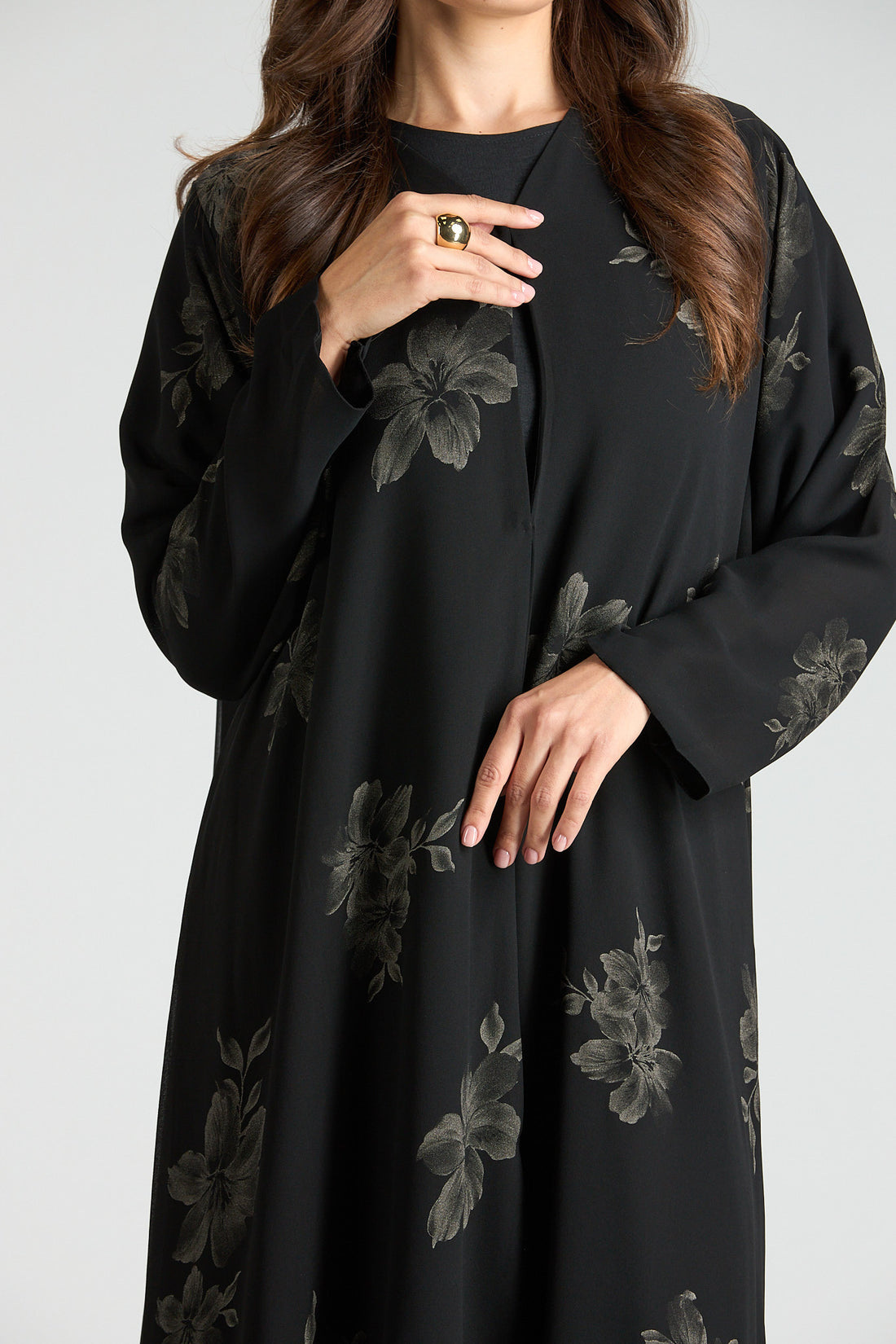Noir Bloom Gold Floral Jacquard 3-Piece Abaya