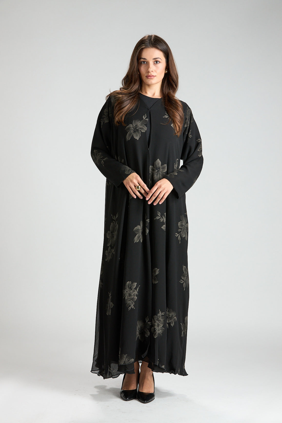 Noir Bloom Gold Floral Jacquard 3-Piece Abaya