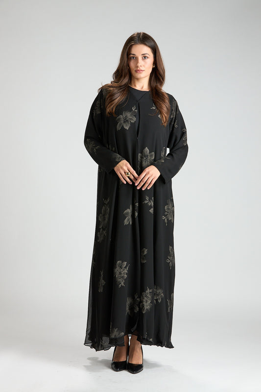 The Noir Bloom Abaya 3 Pieces