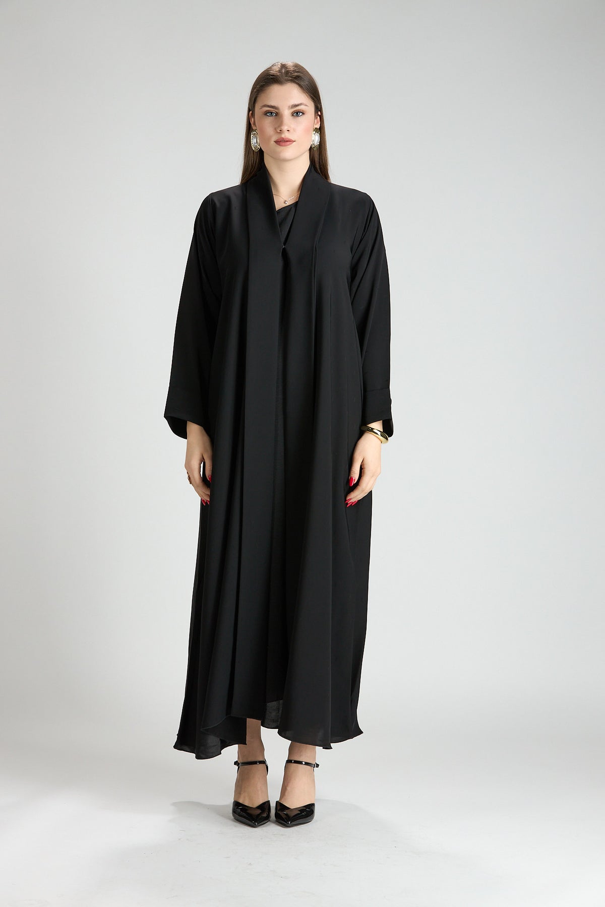 Opaline Black Cascade Front Silk 3-Piece Abaya