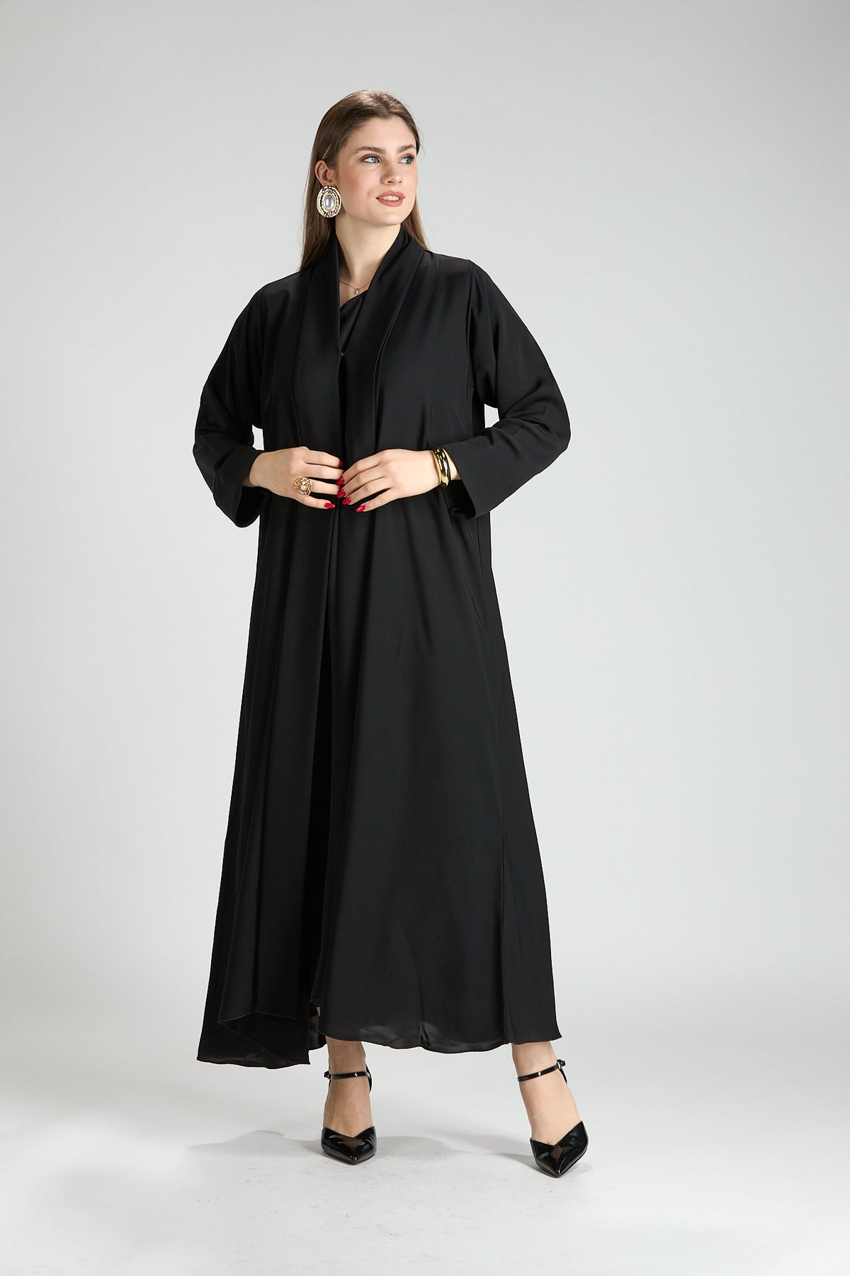Opaline Black Cascade Front Silk 3-Piece Abaya