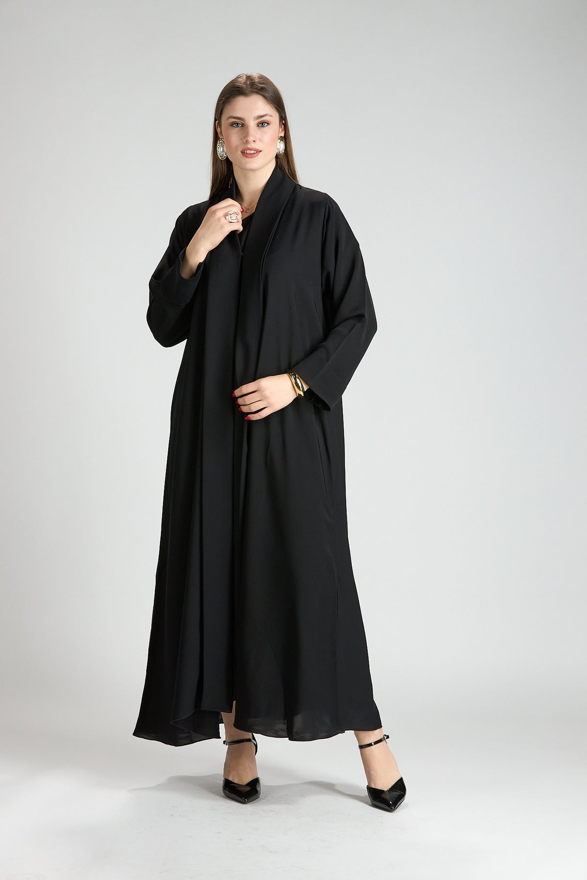 Opaline Black Cascade Front Silk 3-Piece Abaya
