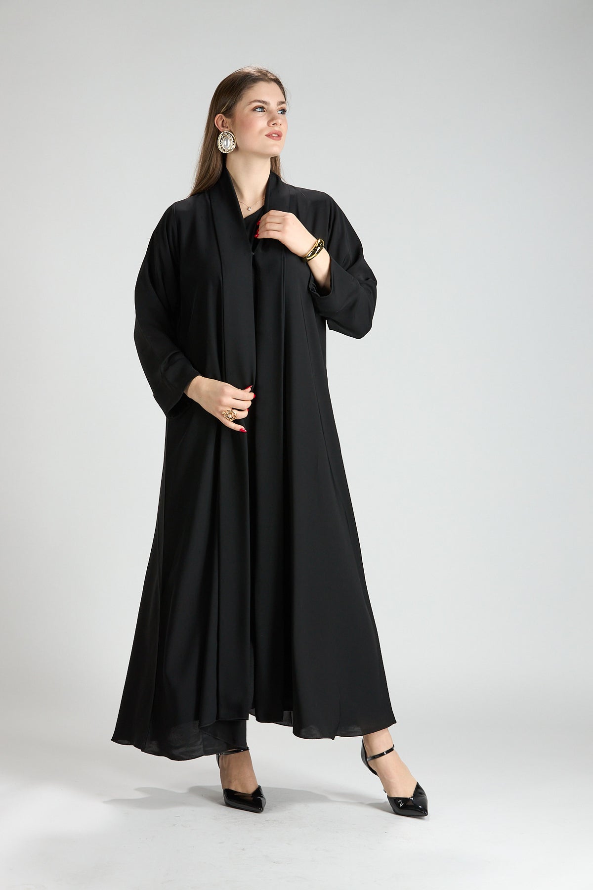 Opaline Black Cascade Front Silk 3-Piece Abaya
