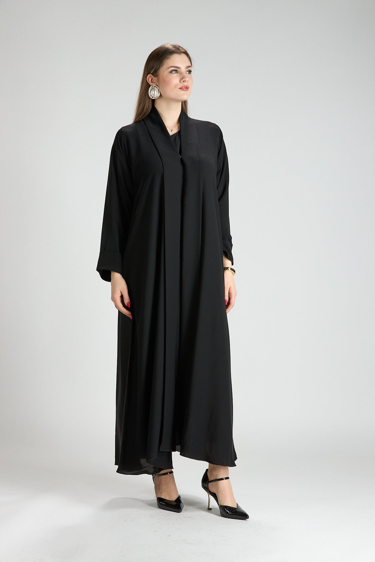 Opaline Black Cascade Front Silk 3-Piece Abaya