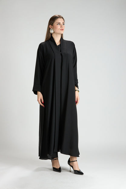 Opaline Black Cascade Front Silk 3-Piece Abaya