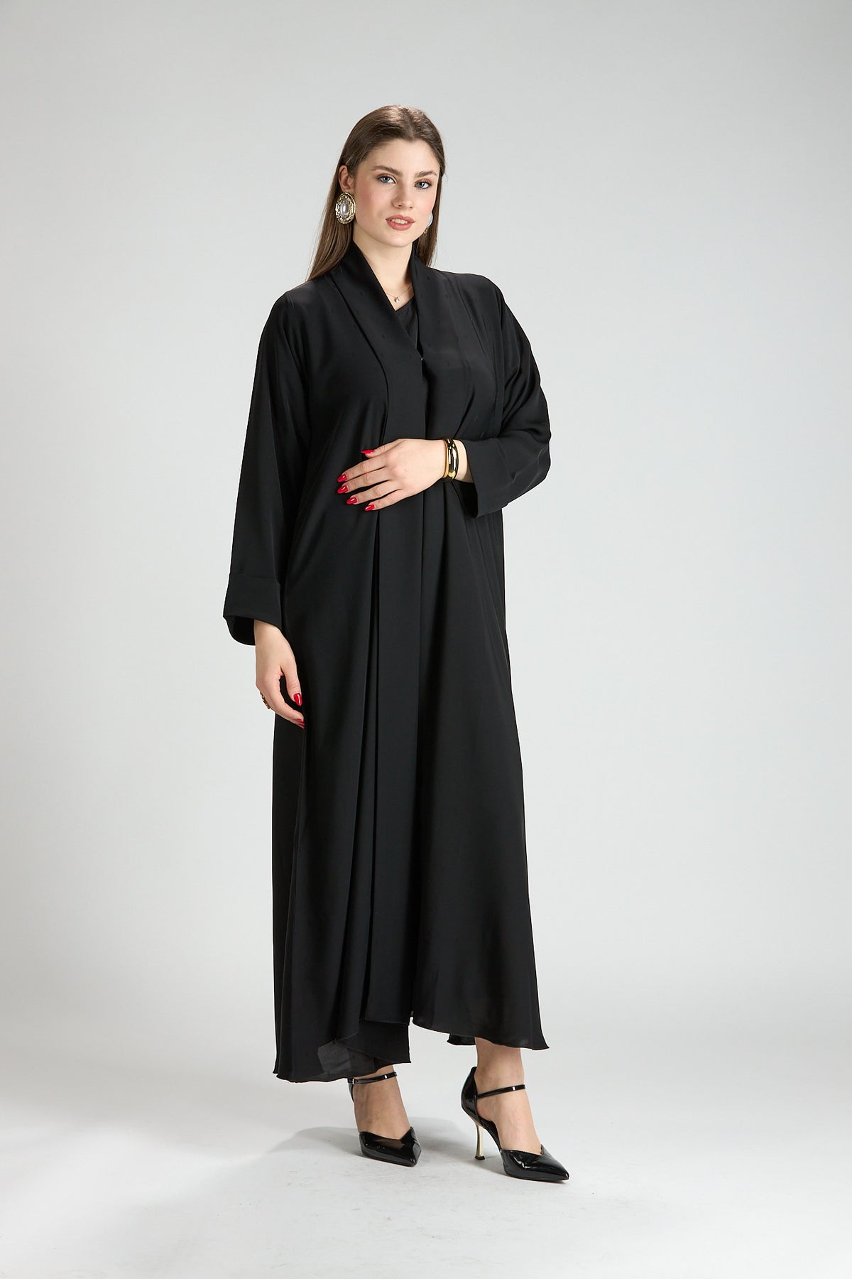 Opaline Black Cascade Front Silk 3-Piece Abaya