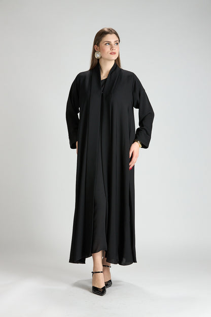 Opaline Black Cascade Front Silk 3-Piece Abaya