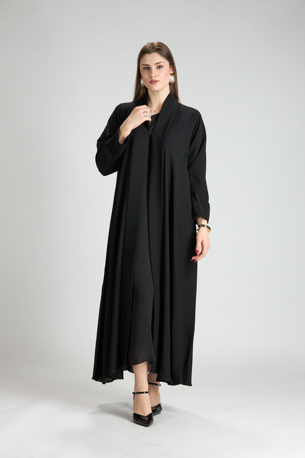 Opaline Black Cascade Front Silk 3-Piece Abaya