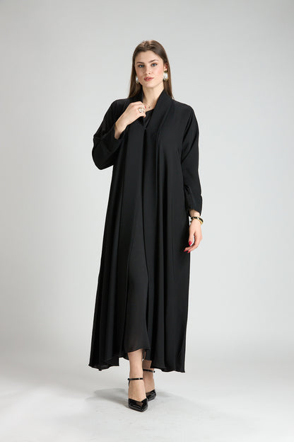 Opaline Black Cascade Front Silk 3-Piece Abaya