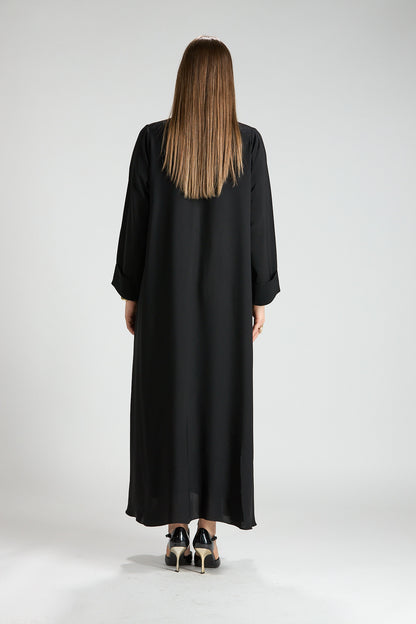 Opaline Black Cascade Front Silk 3-Piece Abaya