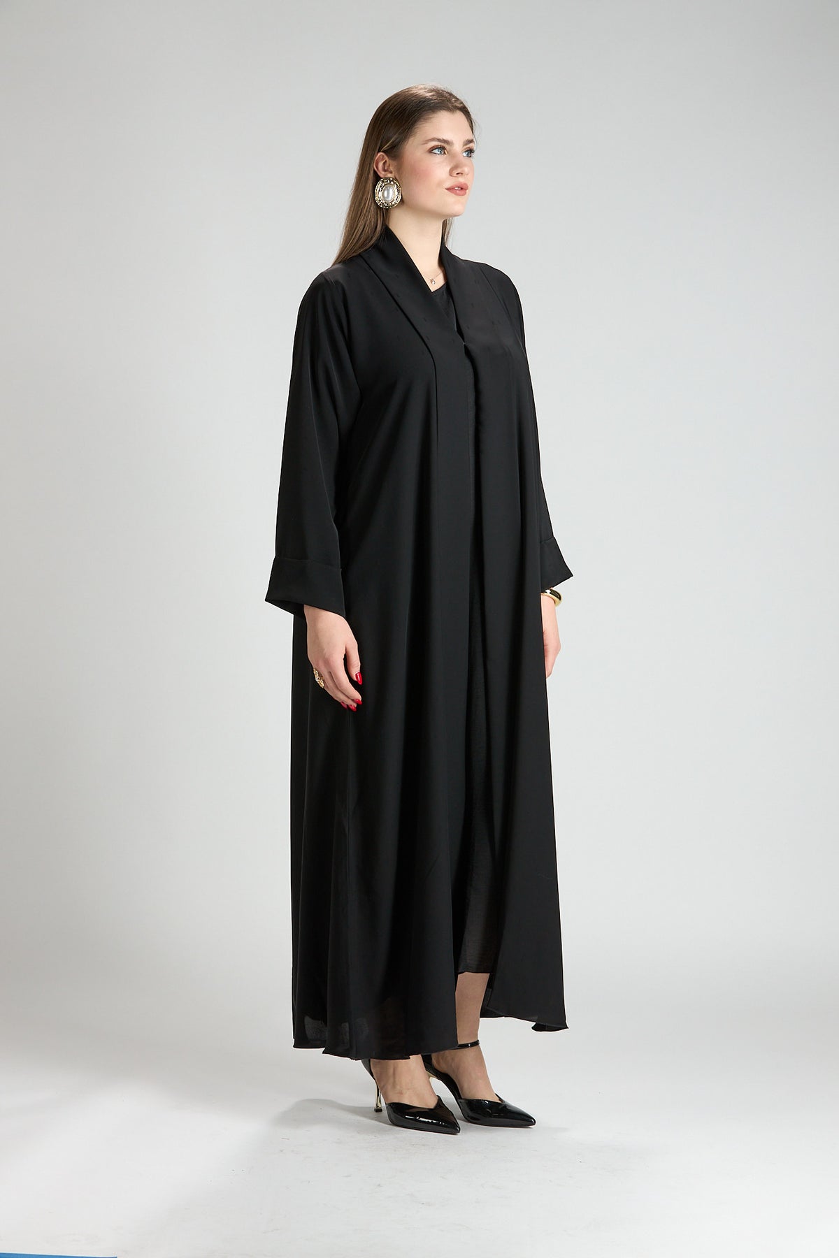 Opaline Black Cascade Front Silk 3-Piece Abaya