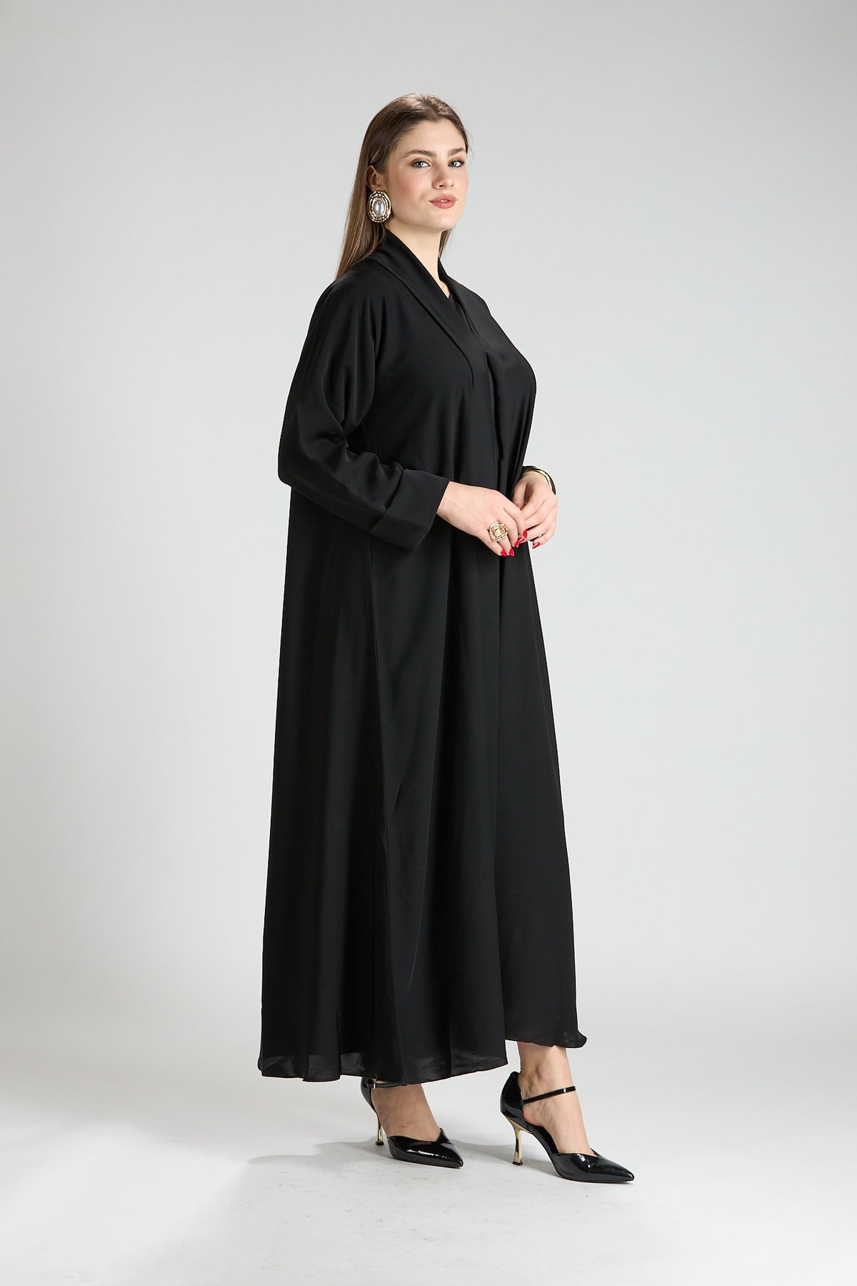 Opaline Black Cascade Front Silk 3-Piece Abaya