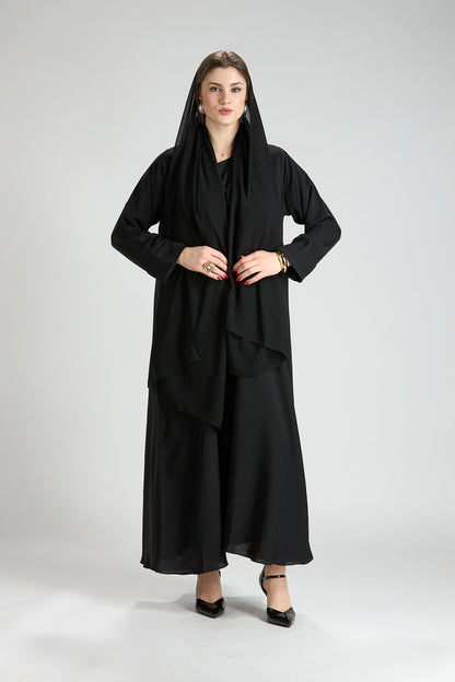 Opaline Black Cascade Front Silk 3-Piece Abaya