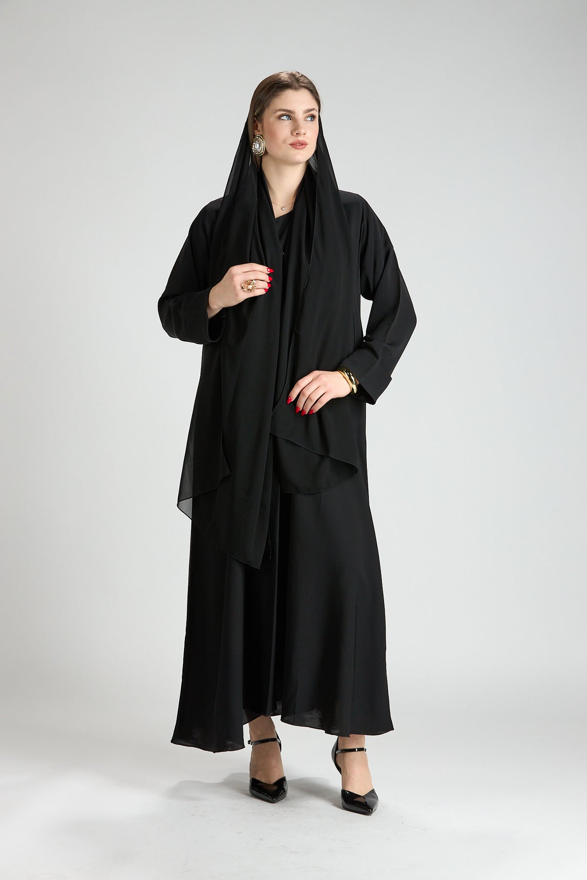 Opaline Black Cascade Front Silk 3-Piece Abaya