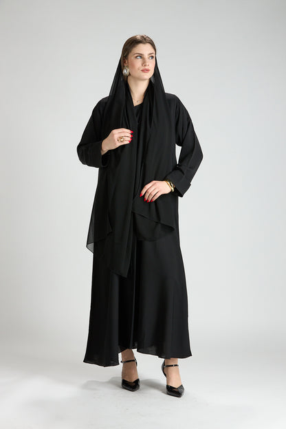 Opaline Black Cascade Front Silk 3-Piece Abaya
