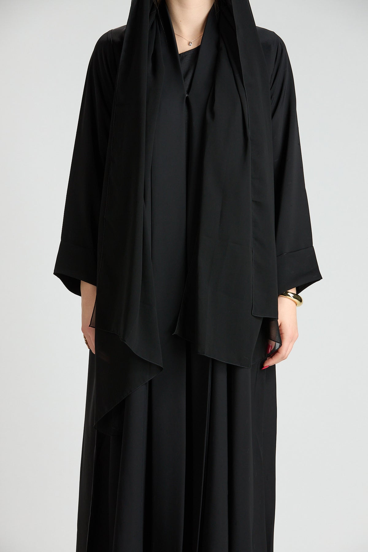 Opaline Black Cascade Front Silk 3-Piece Abaya
