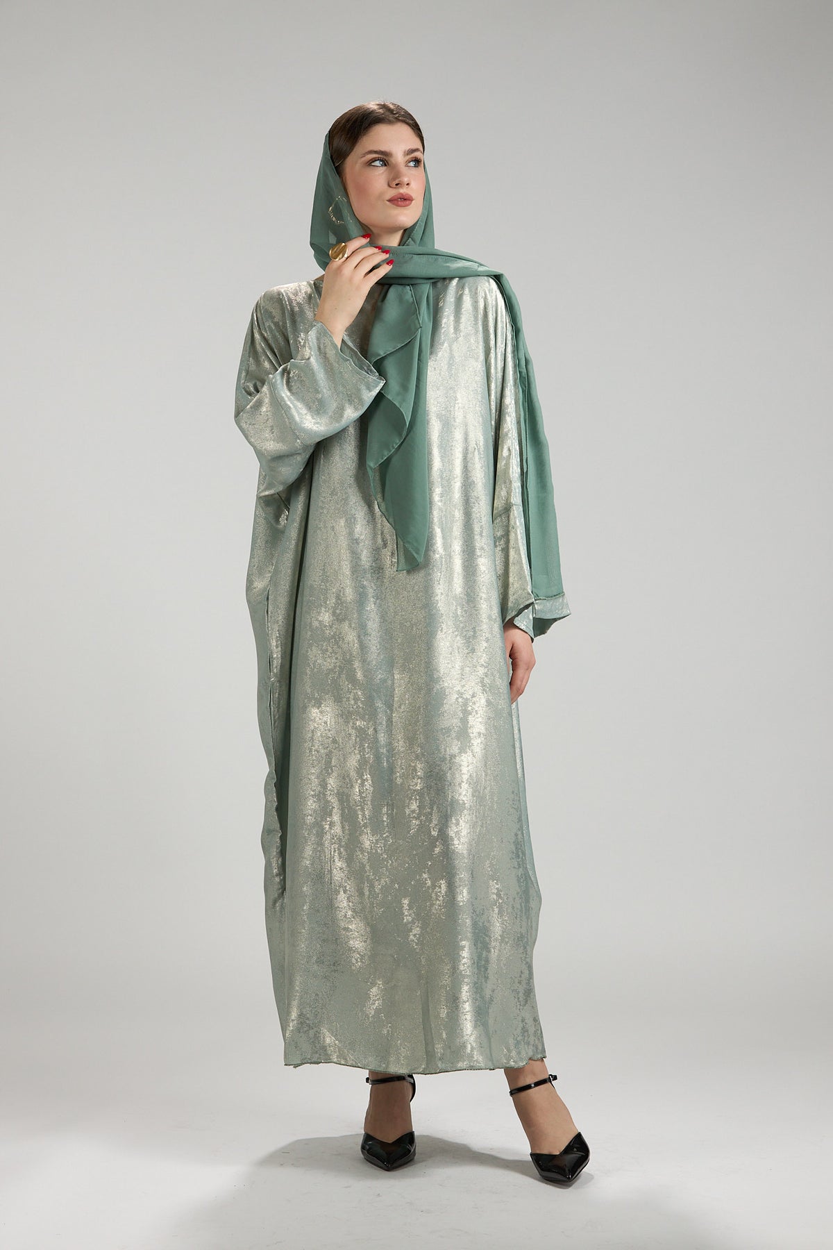 Lumière Sage Metallic Abaya with Sheila