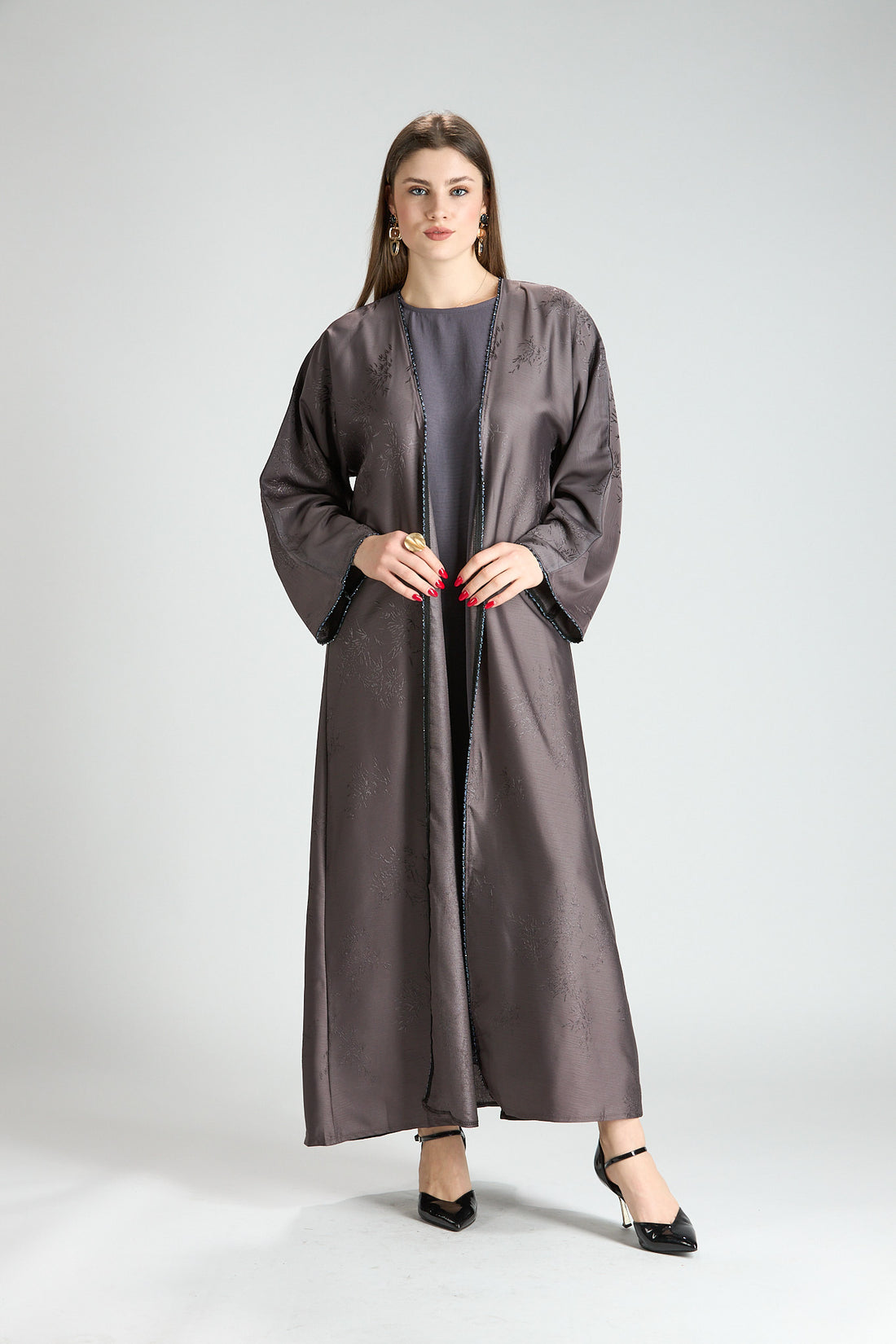 Sukoon Gray Jacquard 3-Piece Abaya with Front Trim