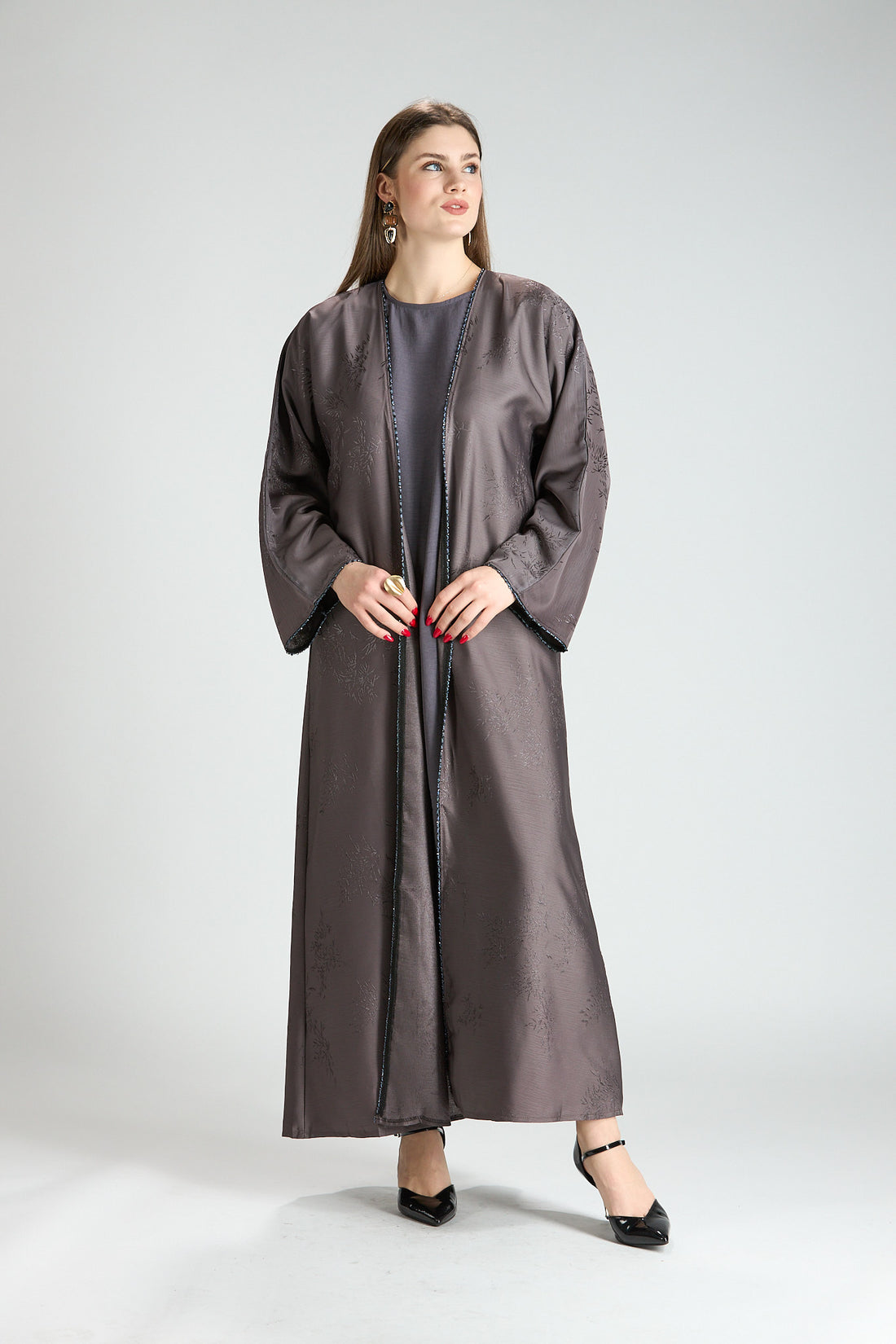 Sukoon Gray Jacquard 3-Piece Abaya with Front Trim
