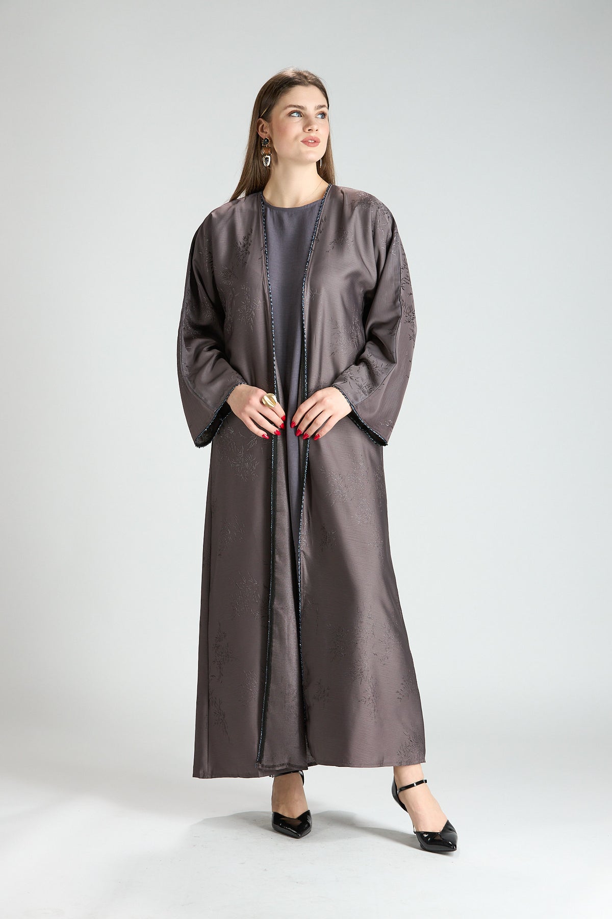 Sukoon Gray Jacquard 3-Piece Abaya with Front Trim