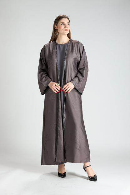 Sukoon Gray Jacquard 3-Piece Abaya with Front Trim