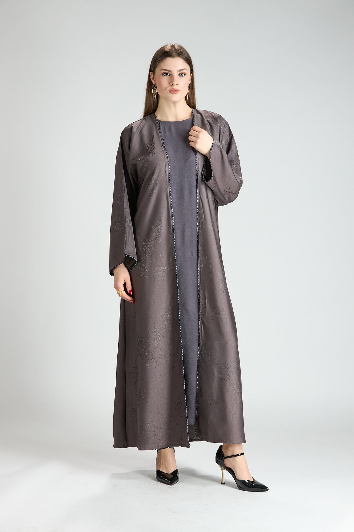 Sukoon Gray Jacquard 3-Piece Abaya with Front Trim