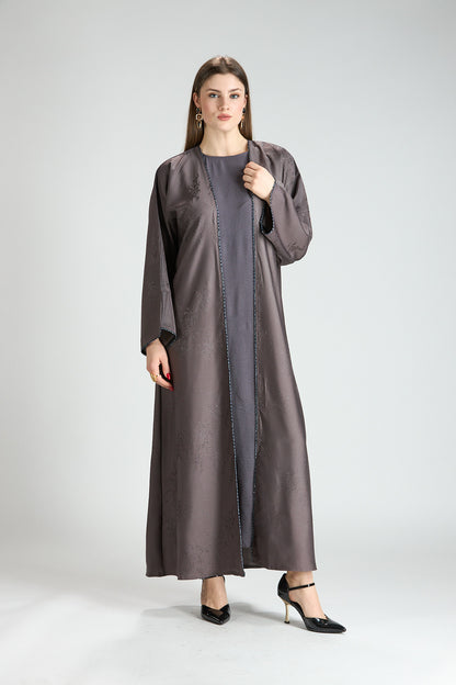 Sukoon Gray Jacquard 3-Piece Abaya with Front Trim