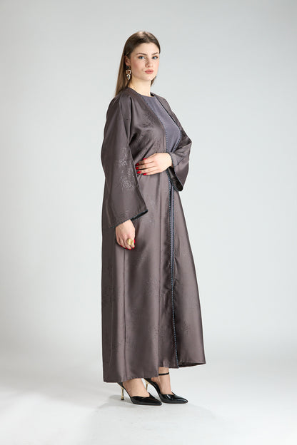 Sukoon Gray Jacquard 3-Piece Abaya with Front Trim
