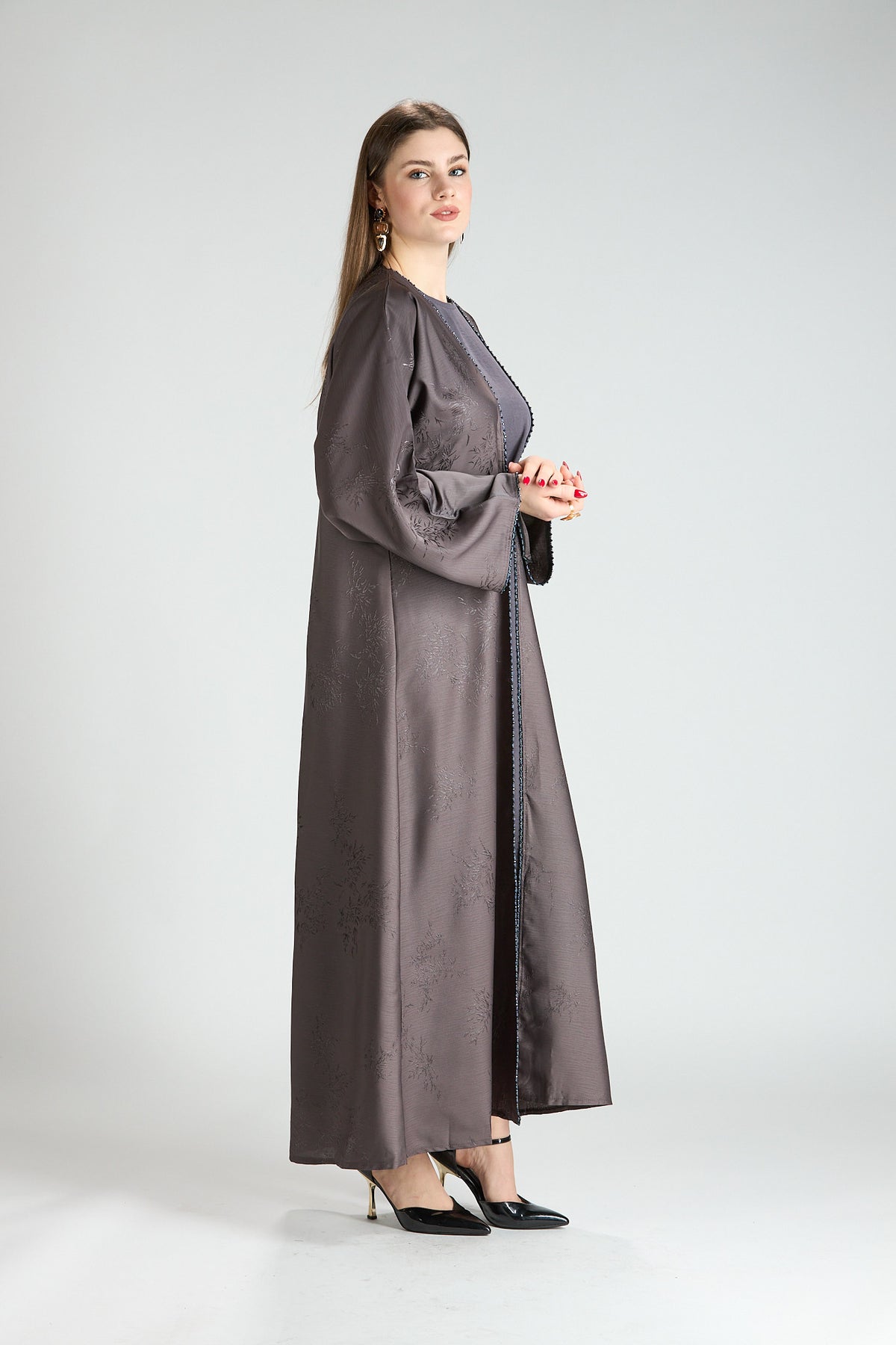 Sukoon Gray Jacquard 3-Piece Abaya with Front Trim