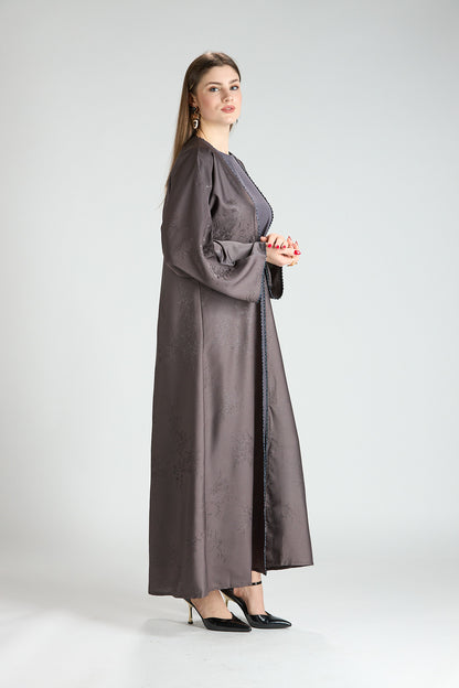 Sukoon Gray Jacquard 3-Piece Abaya with Front Trim