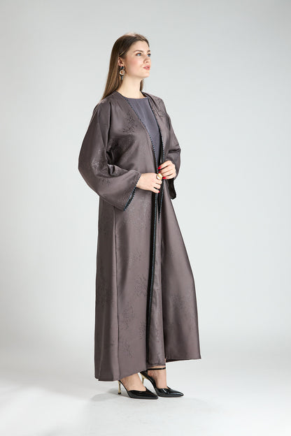Sukoon Gray Jacquard 3-Piece Abaya with Front Trim