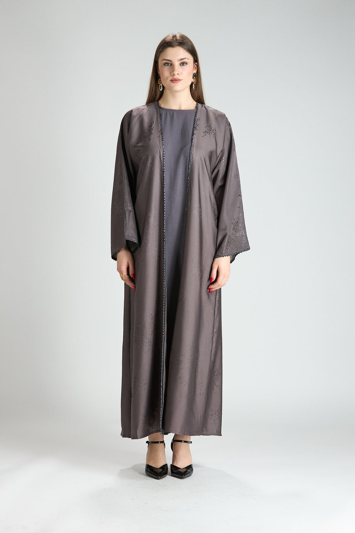 Sukoon Gray Jacquard 3-Piece Abaya with Front Trim