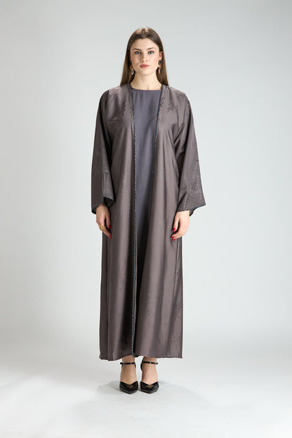 Sukoon Gray Jacquard 3-Piece Abaya with Front Trim
