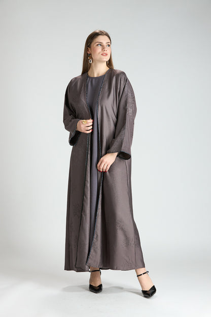 Sukoon Gray Jacquard 3-Piece Abaya with Front Trim