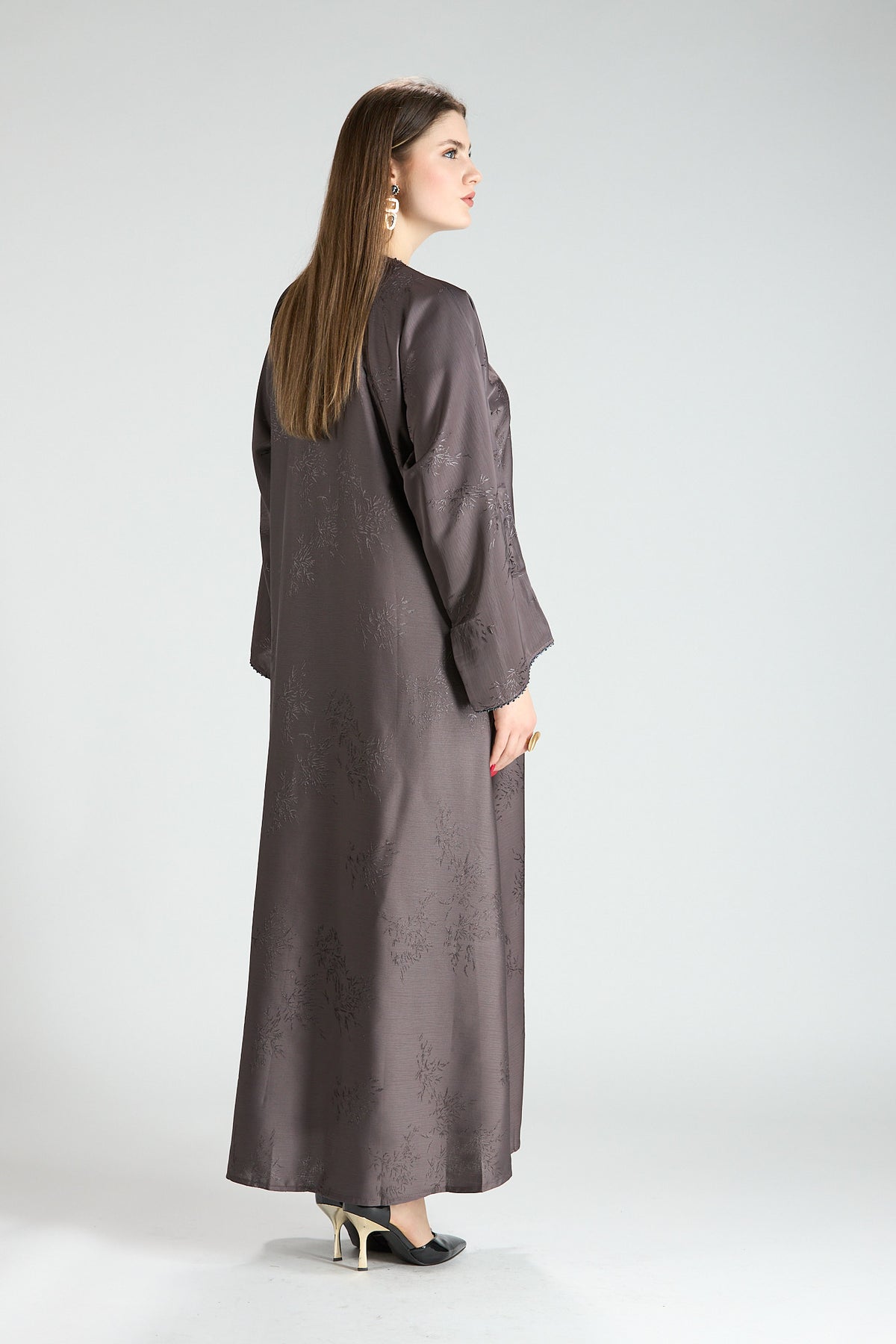 Sukoon Gray Jacquard 3-Piece Abaya with Front Trim