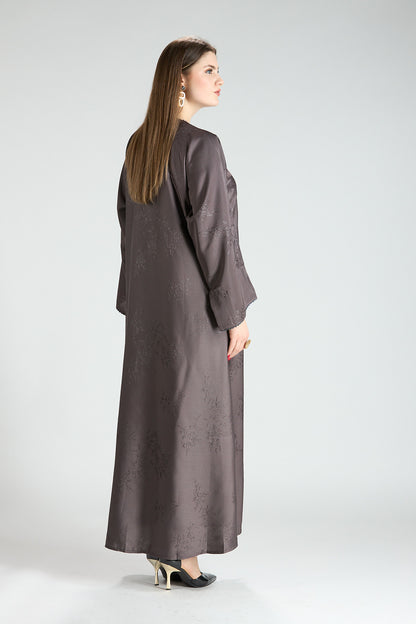 Sukoon Gray Jacquard 3-Piece Abaya with Front Trim
