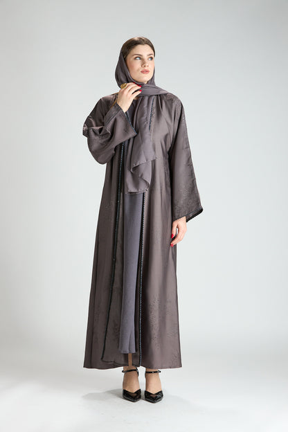 Sukoon Gray Jacquard 3-Piece Abaya with Front Trim