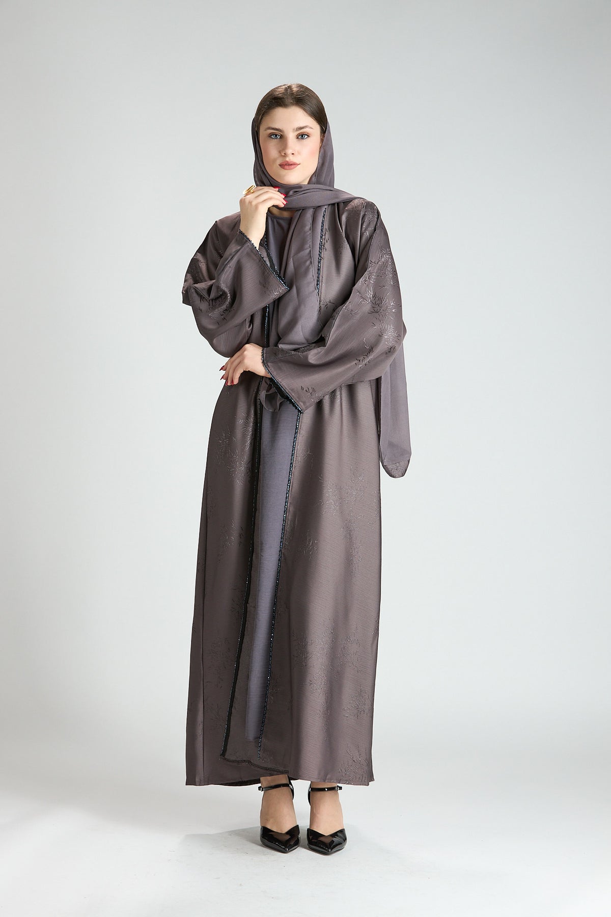 Sukoon Gray Jacquard 3-Piece Abaya with Front Trim