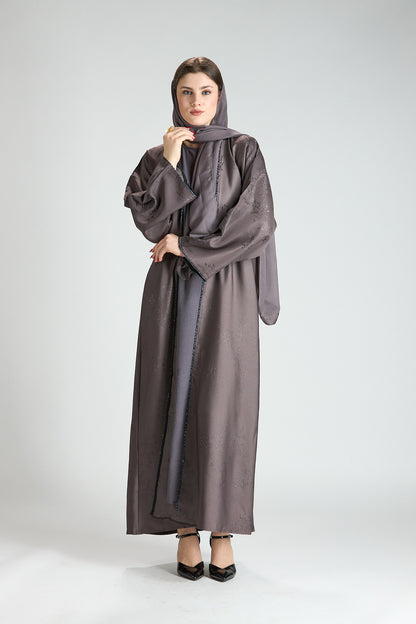 Sukoon Gray Jacquard 3-Piece Abaya with Front Trim