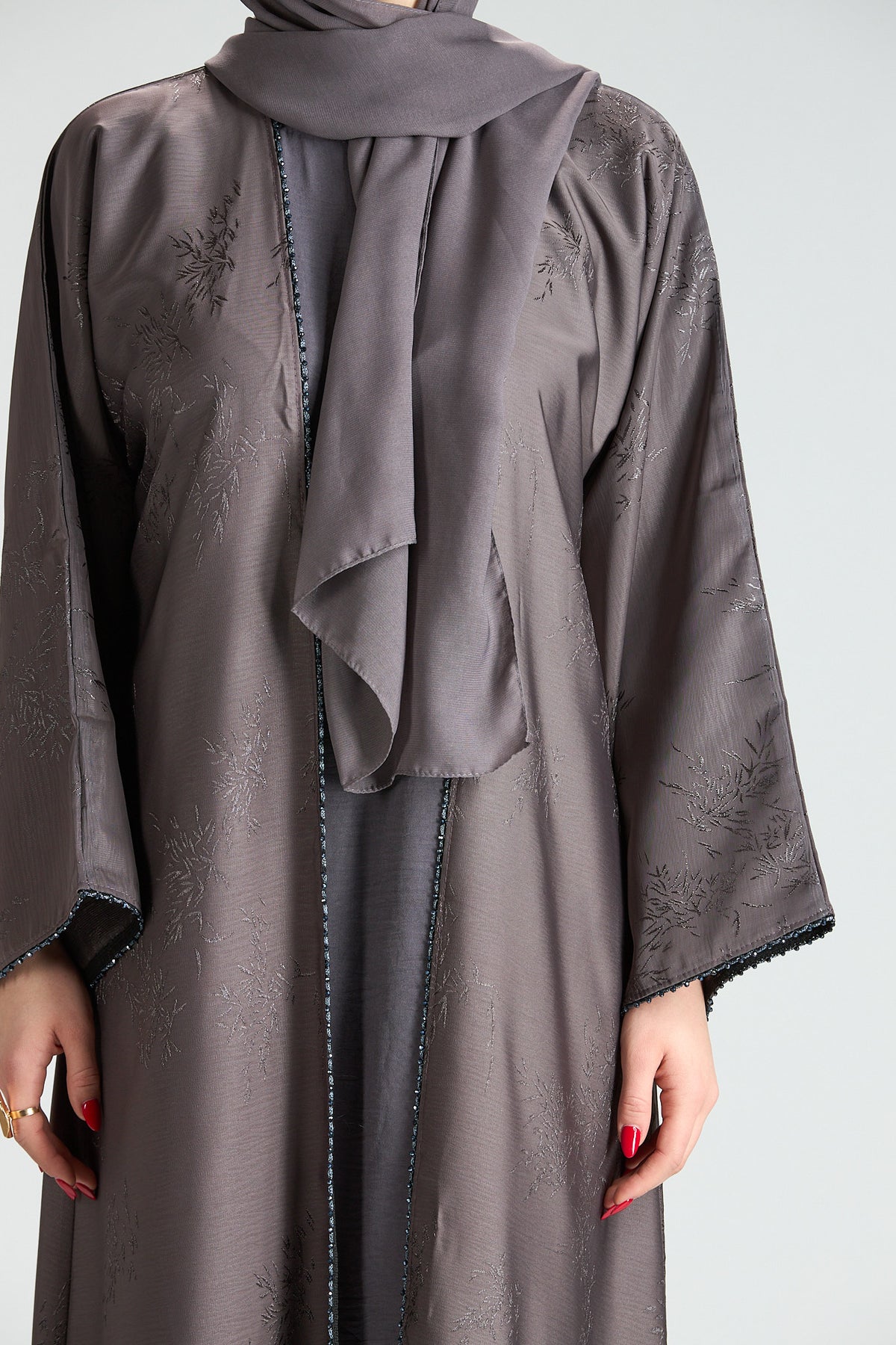 Sukoon Gray Jacquard 3-Piece Abaya with Front Trim
