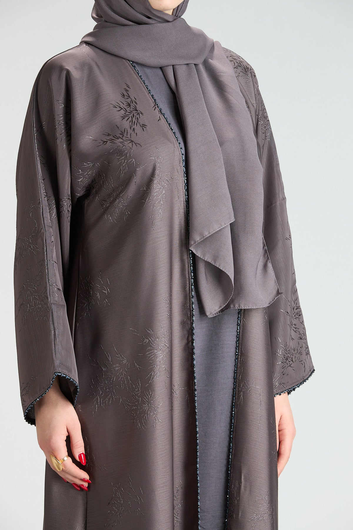 Sukoon Gray Jacquard 3-Piece Abaya with Front Trim