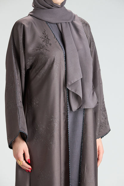 Sukoon Gray Jacquard 3-Piece Abaya with Front Trim