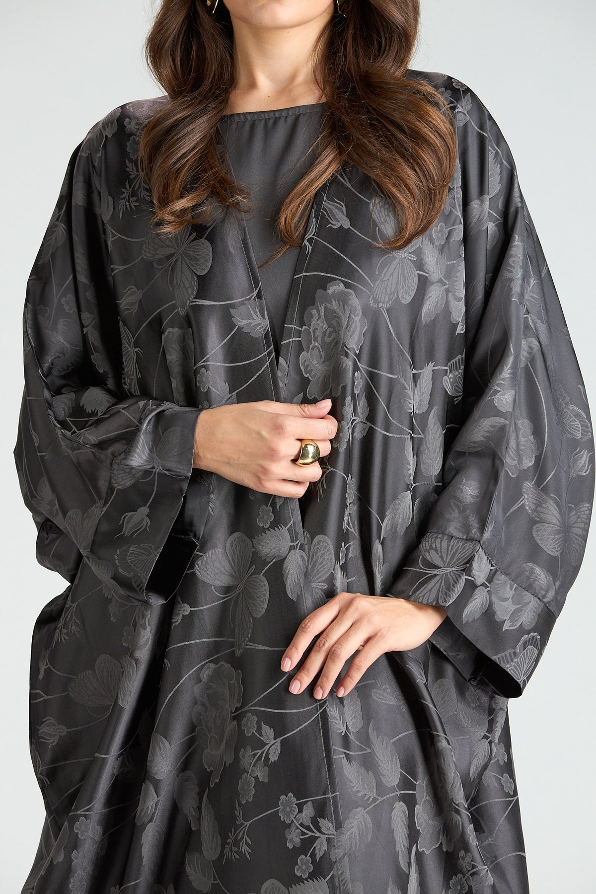 Ayla Gray Floral Jacquard 3-Piece Cape Abaya