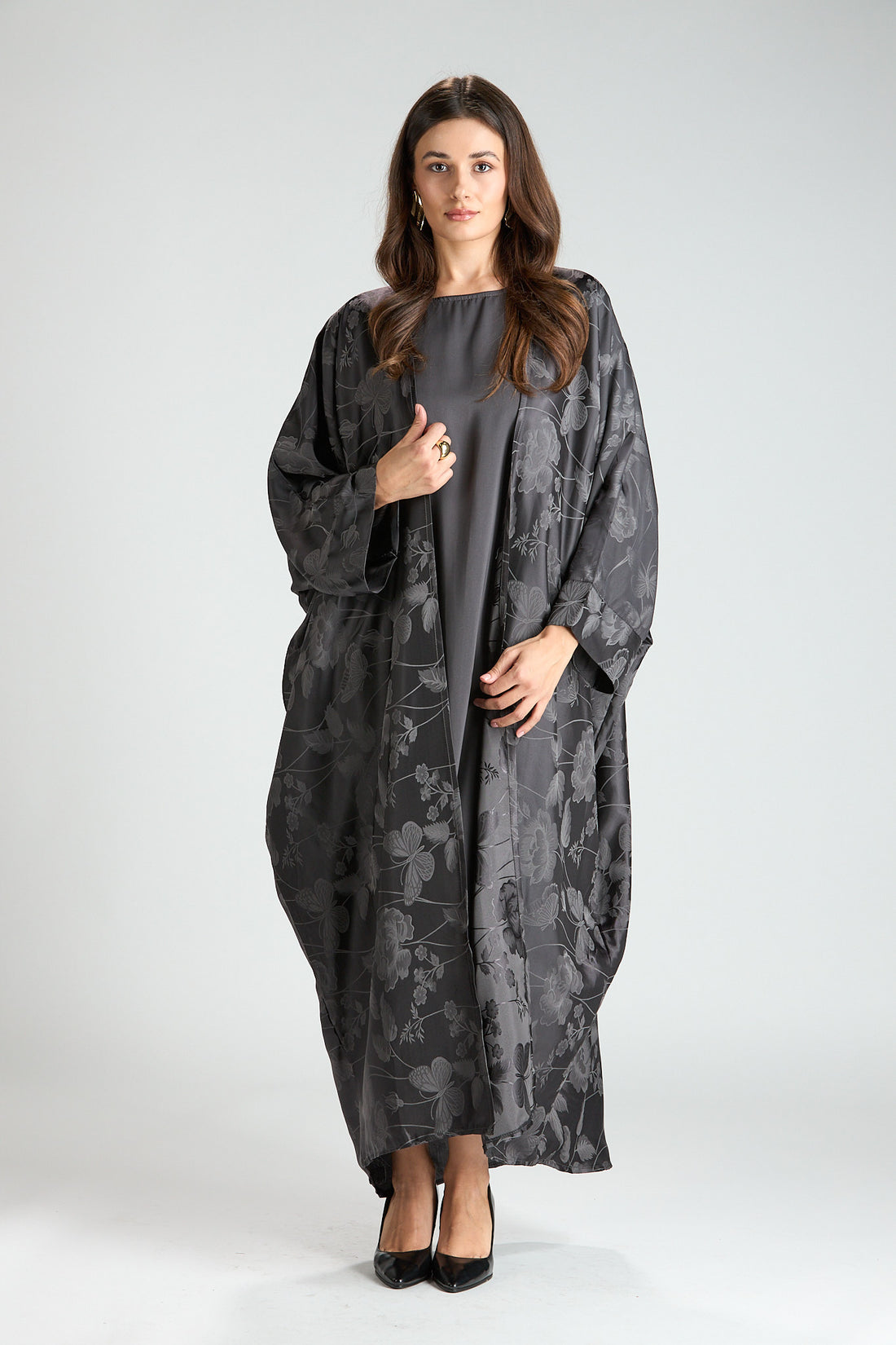 Ayla Gray Floral Jacquard 3-Piece Cape Abaya