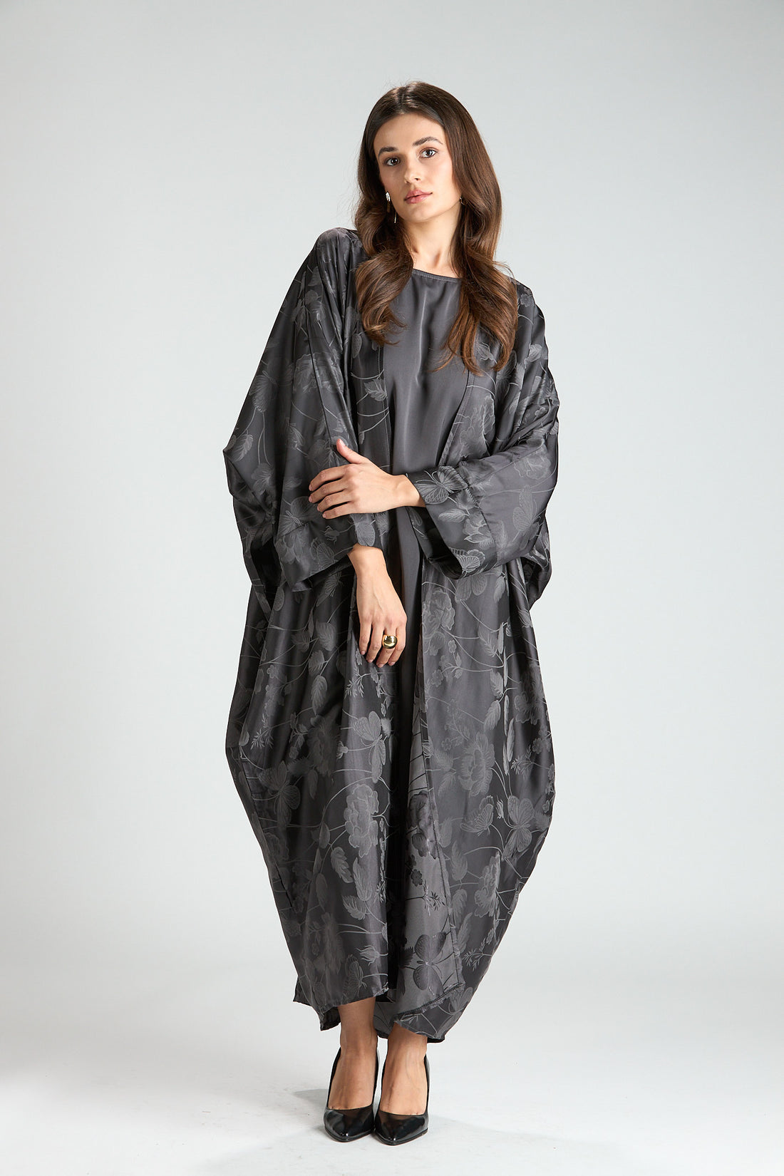 Ayla Gray Floral Jacquard 3-Piece Cape Abaya
