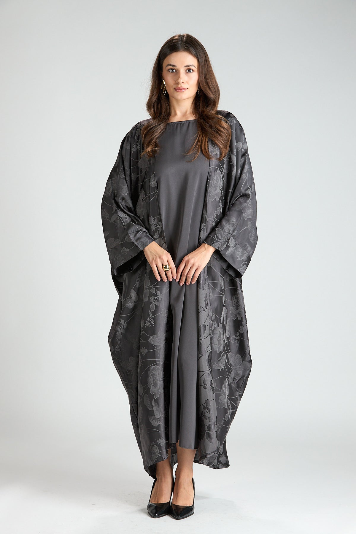 Ayla Gray Floral Jacquard 3-Piece Cape Abaya