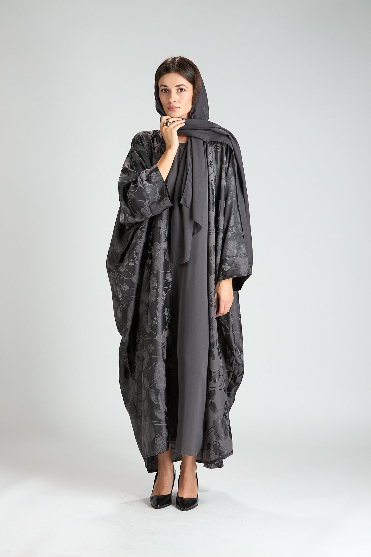 Ayla Gray Floral Jacquard 3-Piece Cape Abaya